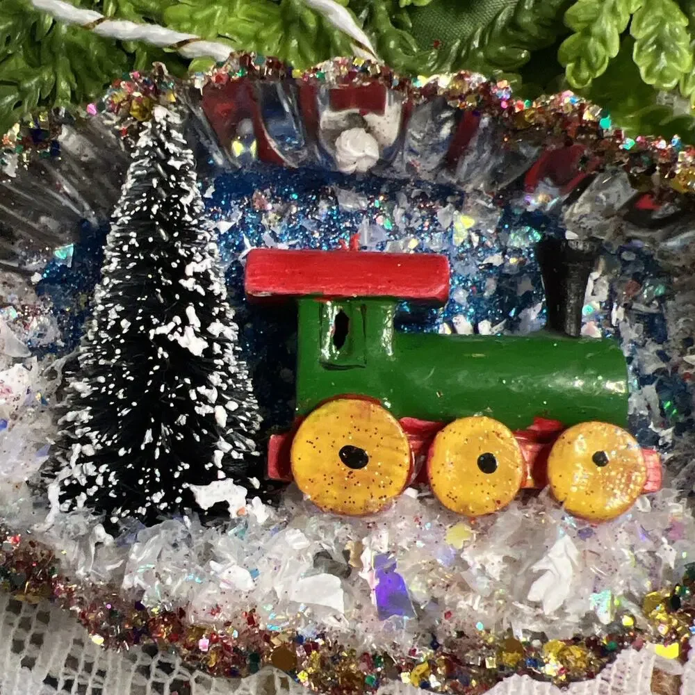 Vintage Oval Tart Tin Train Tree Diorama Mid Century Style Glitter Ornament